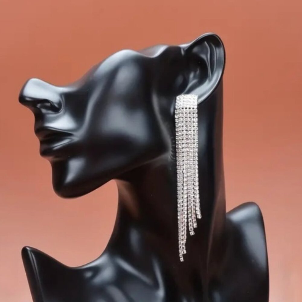 Tassel Long Chandelier Statement Earrings Silver Rhinestones bridal wedding New